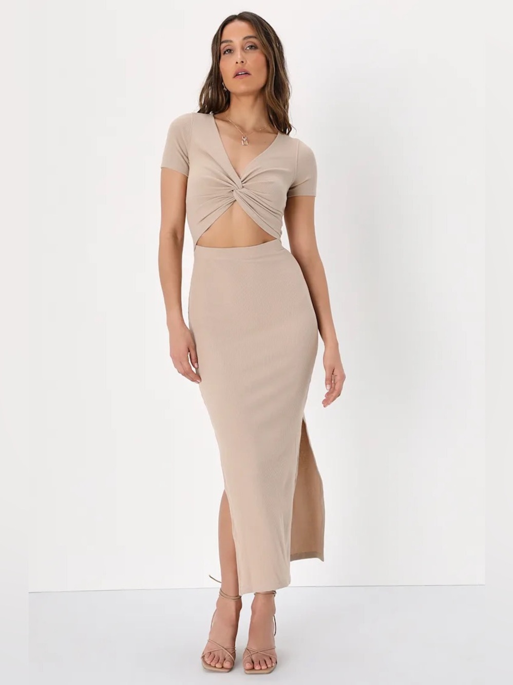 NWT Lulu's Style Twist Beige Twist Front Cutout Midi Dress